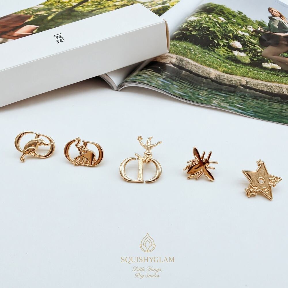 Dior Beaute Gift Pin Set 5pc Gold Bee Star Monkey Elephant Acrobat GWP New Lot